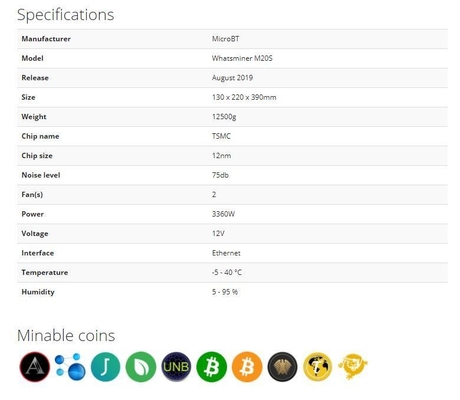 Sha-256 68t Asic抗夫機械M20s 68th/S 3360ワットWhatsminer